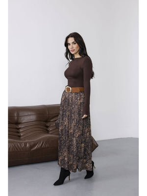 Kahve Kemer Detaylı Piliseli Etek 3375-KAHVE