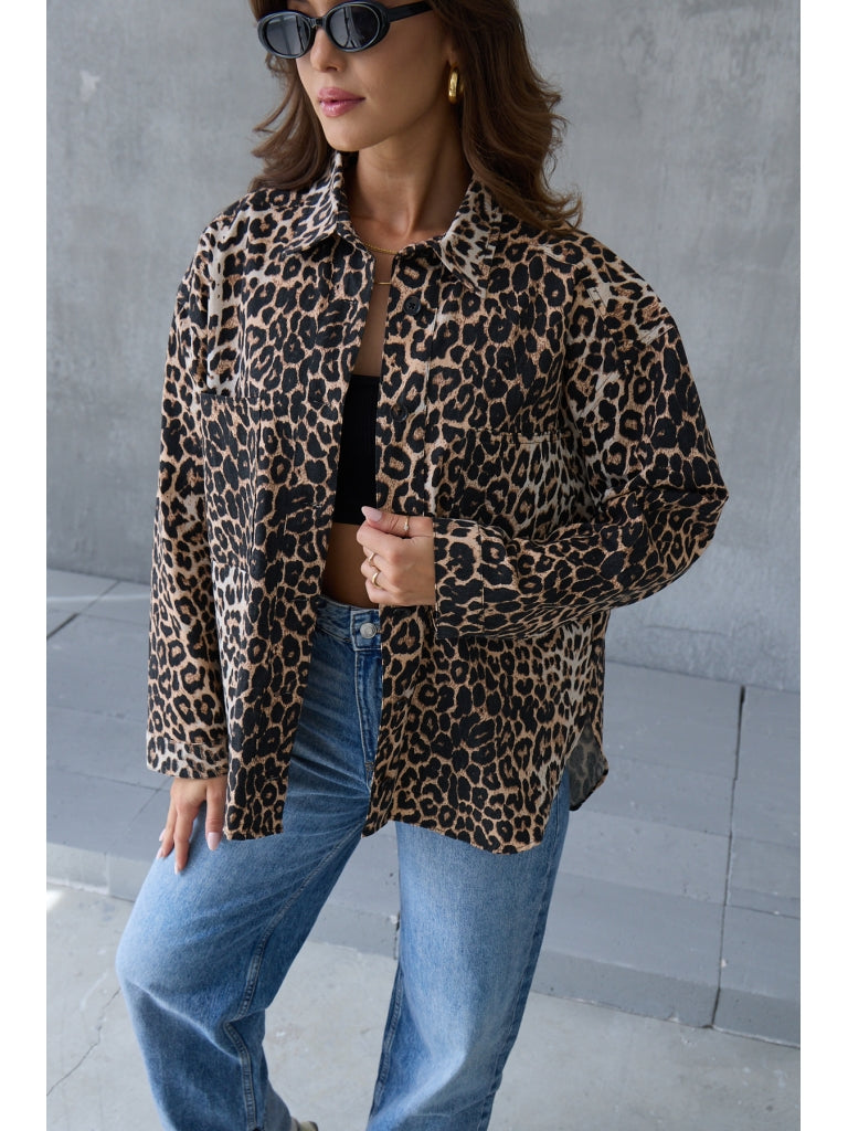 Leopar Detaylı Yıkamalı Gabardin Gömlek