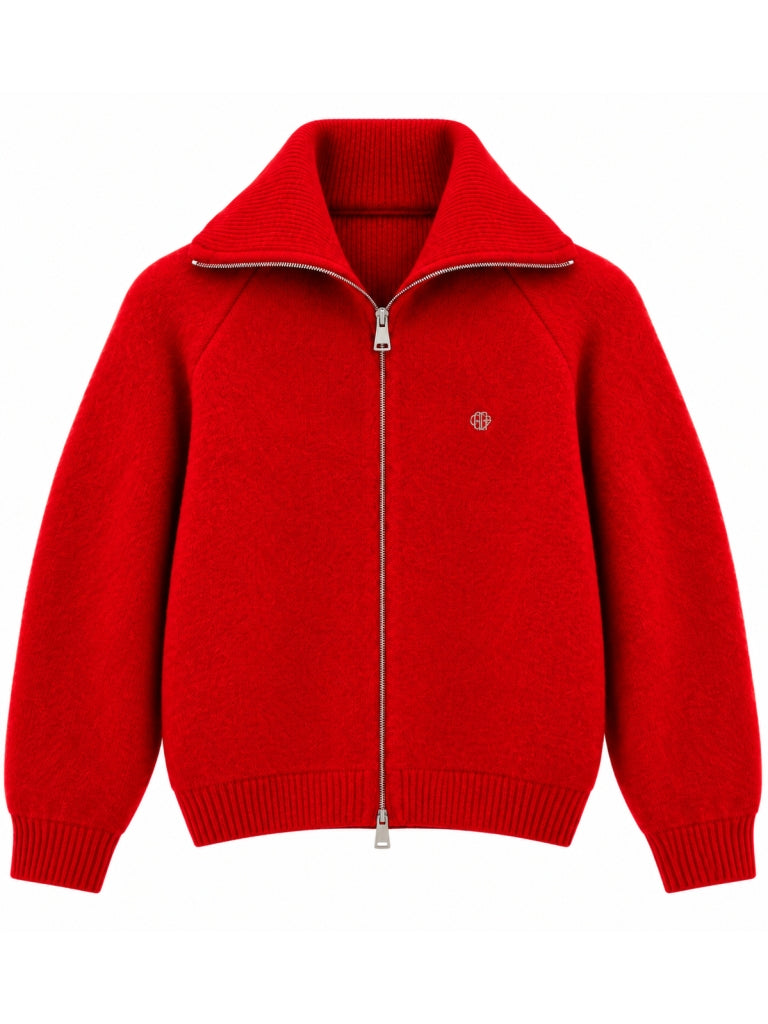 Kırmızı Mini Broşlu Fermuarlı Hırka 2622-Kırmızı