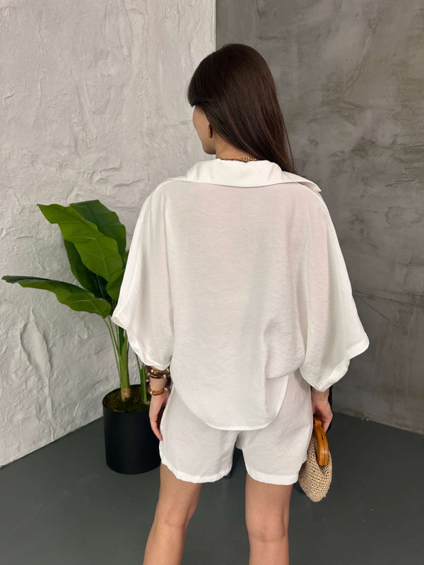 Beyaz Hasır Kemerli Şortlu Tencel Takım