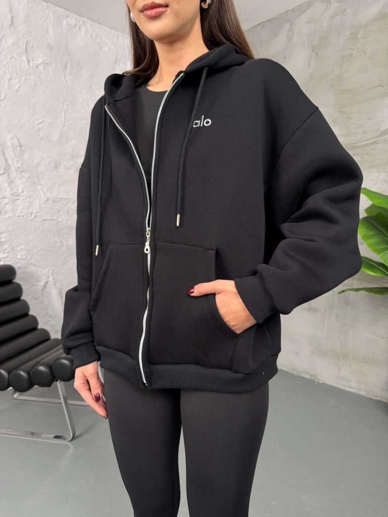 Siyah Ön Fermuarlı Kapüşonlu Sweatshirt