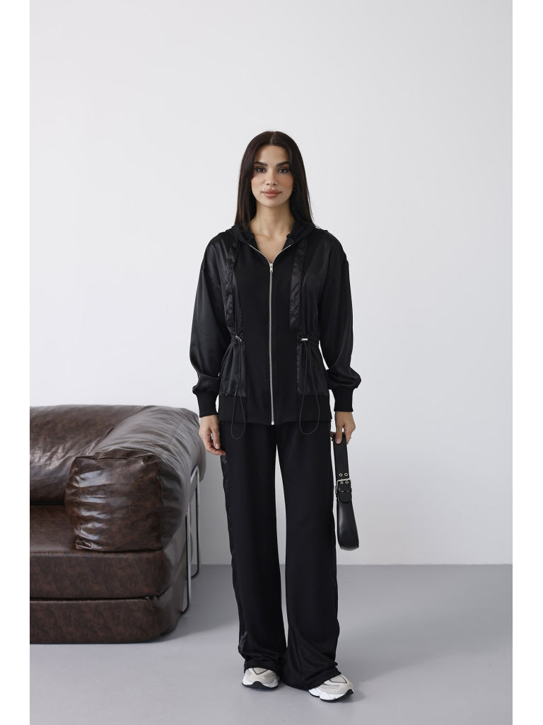 Siyah Saten Detaylı Bel Bağcıklı Takım 4108-Siyah