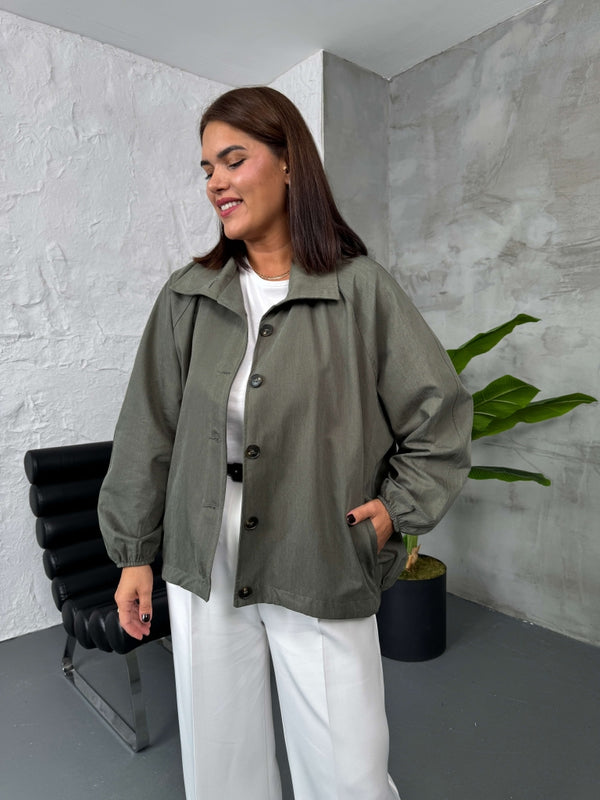 Haki Oversize Dik Yaka Trenç