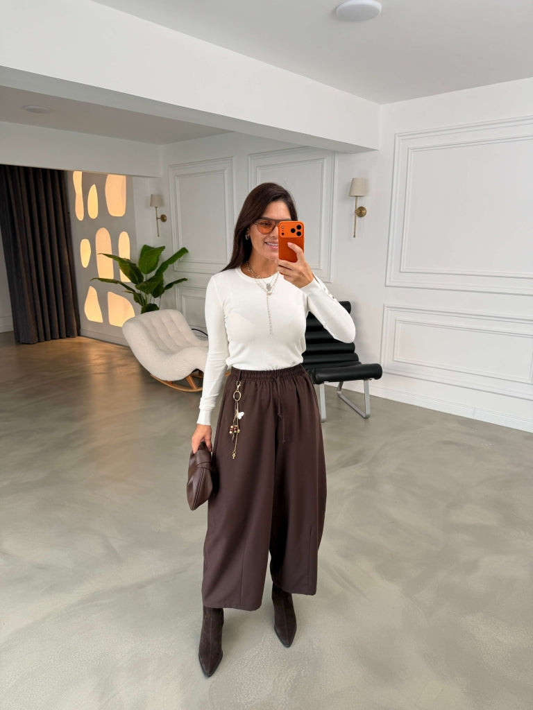 Kahverengi Bel Bağcıklı Charmlı Pantolon 51489-Kahverengi