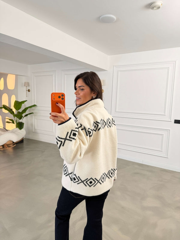 Ekru Ön Fermuarlı Peluş Sweat 22889-Ekru