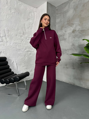 Bordo Yarım Fermuarlı Şardonlu Sweat Takım
