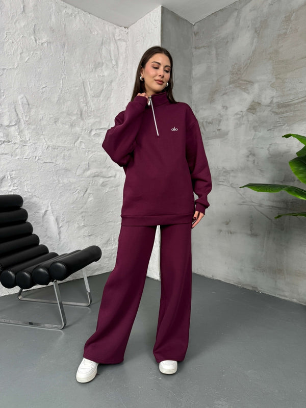 Bordo Yarım Fermuarlı Şardonlu Sweat Takım