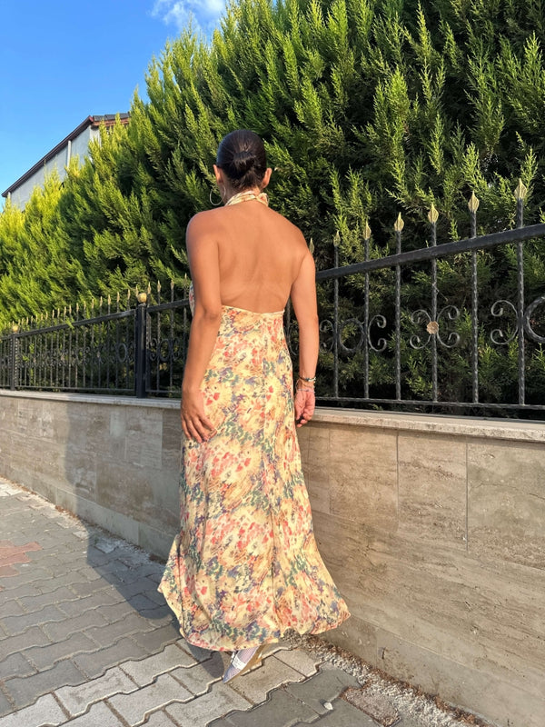 Sarı Degaje Yaka Şifon Elbise