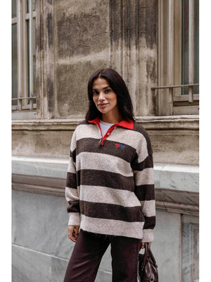 Kahve Polo Yaka Kalp Nakışlı Çizgili Kazak 2632-Kahve