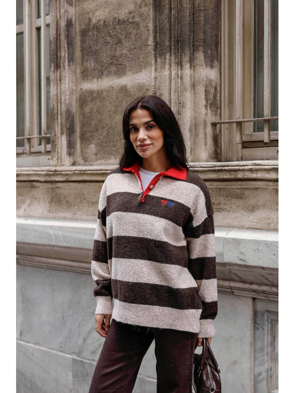 Kahve Polo Yaka Kalp Nakışlı Çizgili Kazak 2632-Kahve