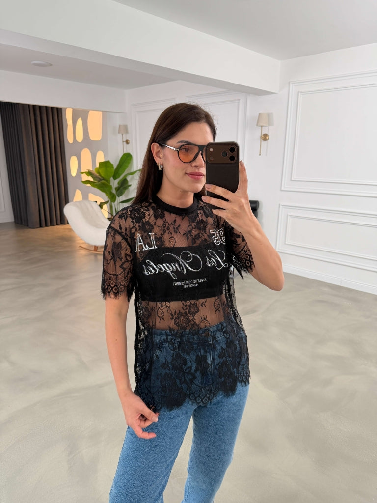 Siyah Baskılı Dantel Tshirt 1098-Siyah