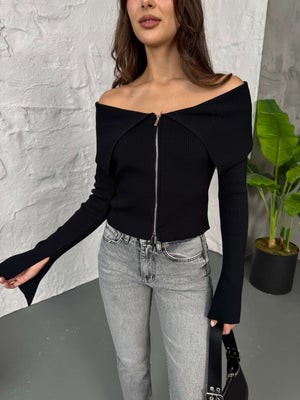 Siyah Madonna Yaka Çift Yön Fermuarlı Bluz 2545-Siyah