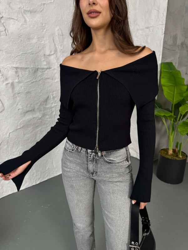 Siyah Madonna Yaka Çift Yön Fermuarlı Bluz 2545-Siyah