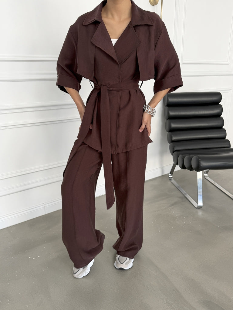 Bordo Bel Bağlamalı Yarım Kol Tencel Takım 7309-Bordo