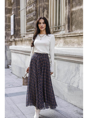 Lacivert Ekose Detaylı Şifon Etek 0613-Lacivert