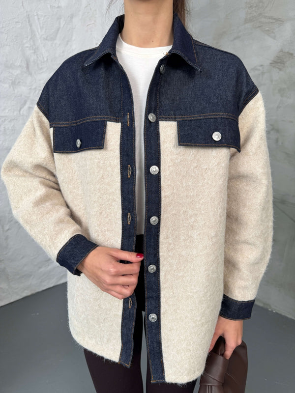 Taş Denim Garnili Buklet Ceket 240269-Taş