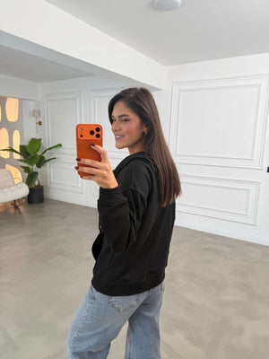 Siyah Kapüşonlu Fermuarlı Basic Sweatshirt 4321-Siyah
