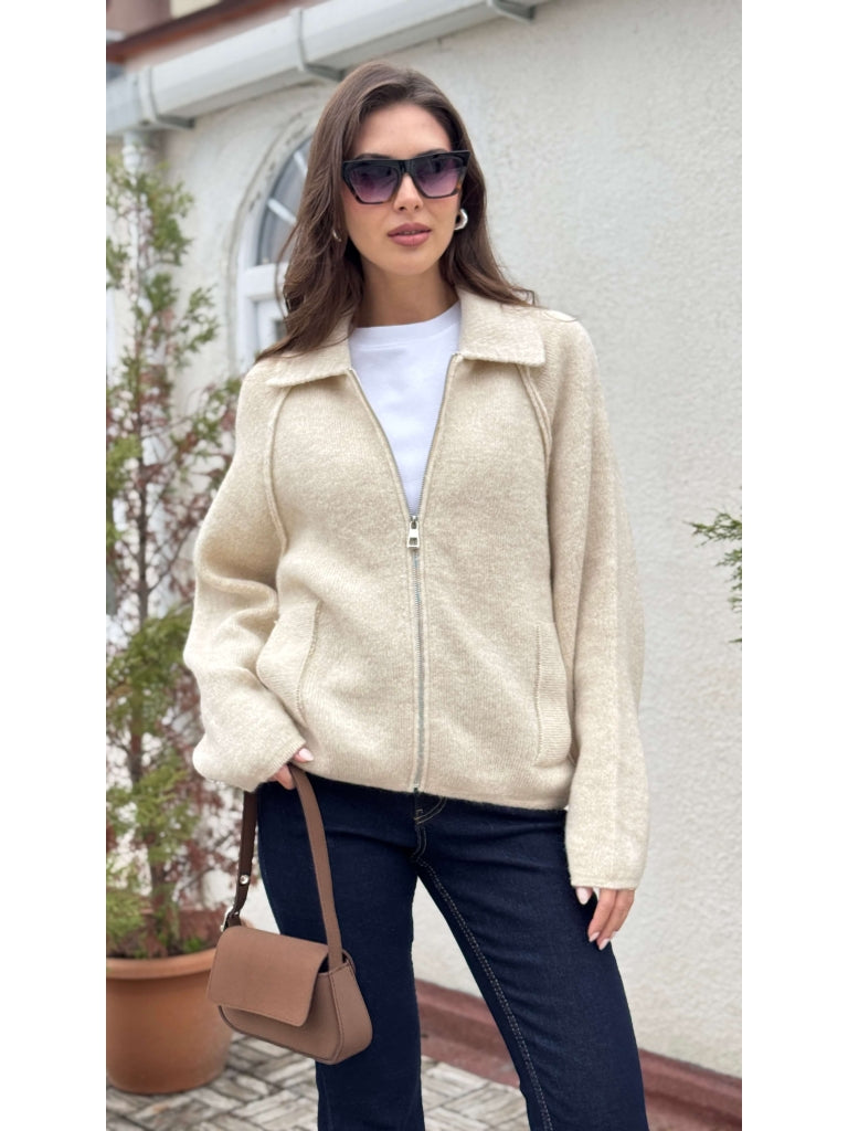 Taş  Polo Yaka Fermuarlı Hırka 2381-Taş