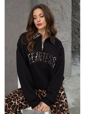Siyah Leopar Nakışlı Polo Yaka Sweat