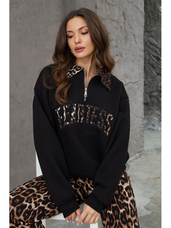 Siyah Leopar Nakışlı Polo Yaka Sweat
