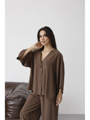 Kahve Tek Düğmeli Bluz Pantolon Takım 51189-Kahve
