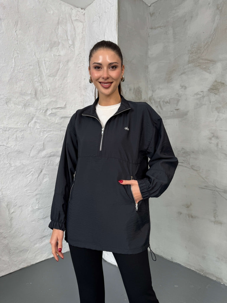 Siyah Paraşüt Kumaş Fermuarlı Sweat EY2120-Siyah