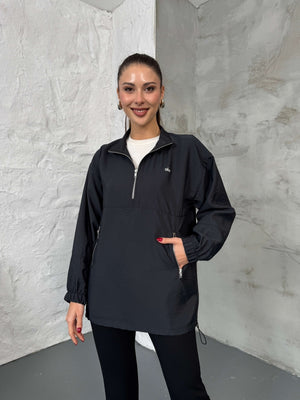 Siyah Paraşüt Kumaş Fermuarlı Sweat EY2120-Siyah