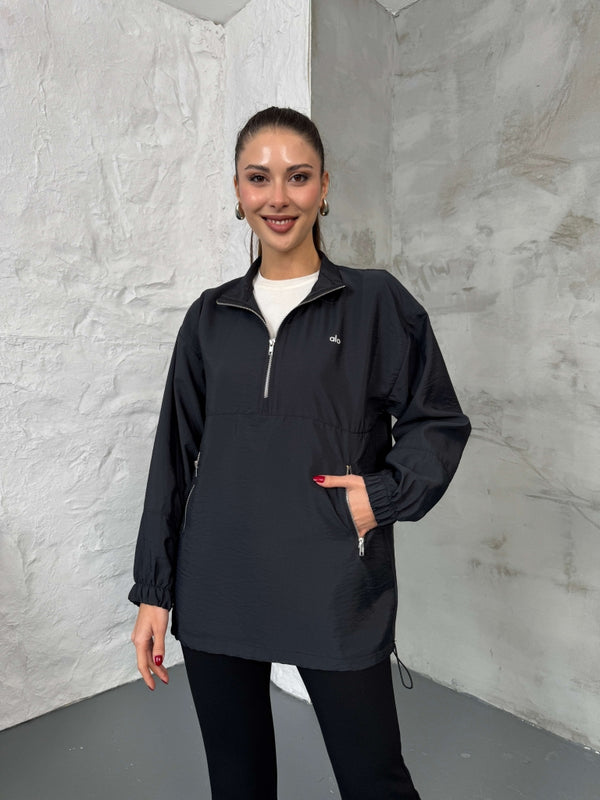 Siyah Paraşüt Kumaş Fermuarlı Sweat EY2120-Siyah