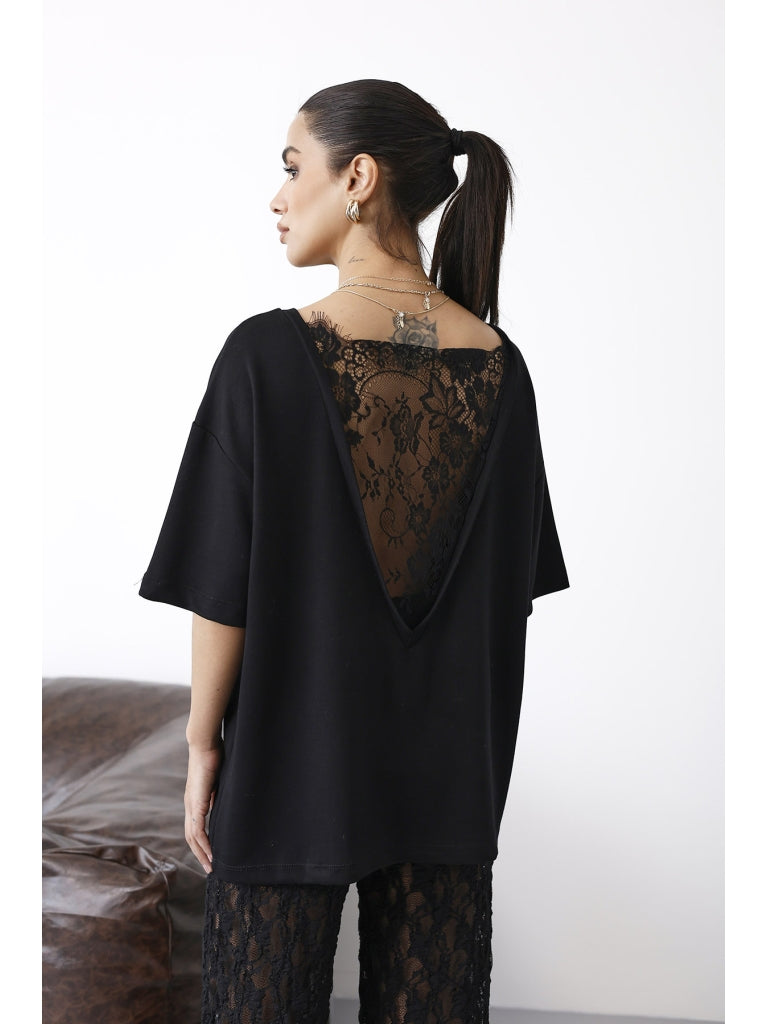 Siyah Sırtı Dantel Detay Modal Tshirt 1050-Siyah