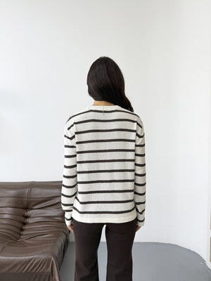 Ekru Kahve Çizgili Triko Kazak 261032-Ekru