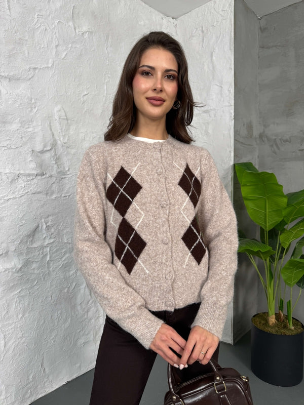 Vizon Baklava Desen Triko Hırka 2539-Vizon