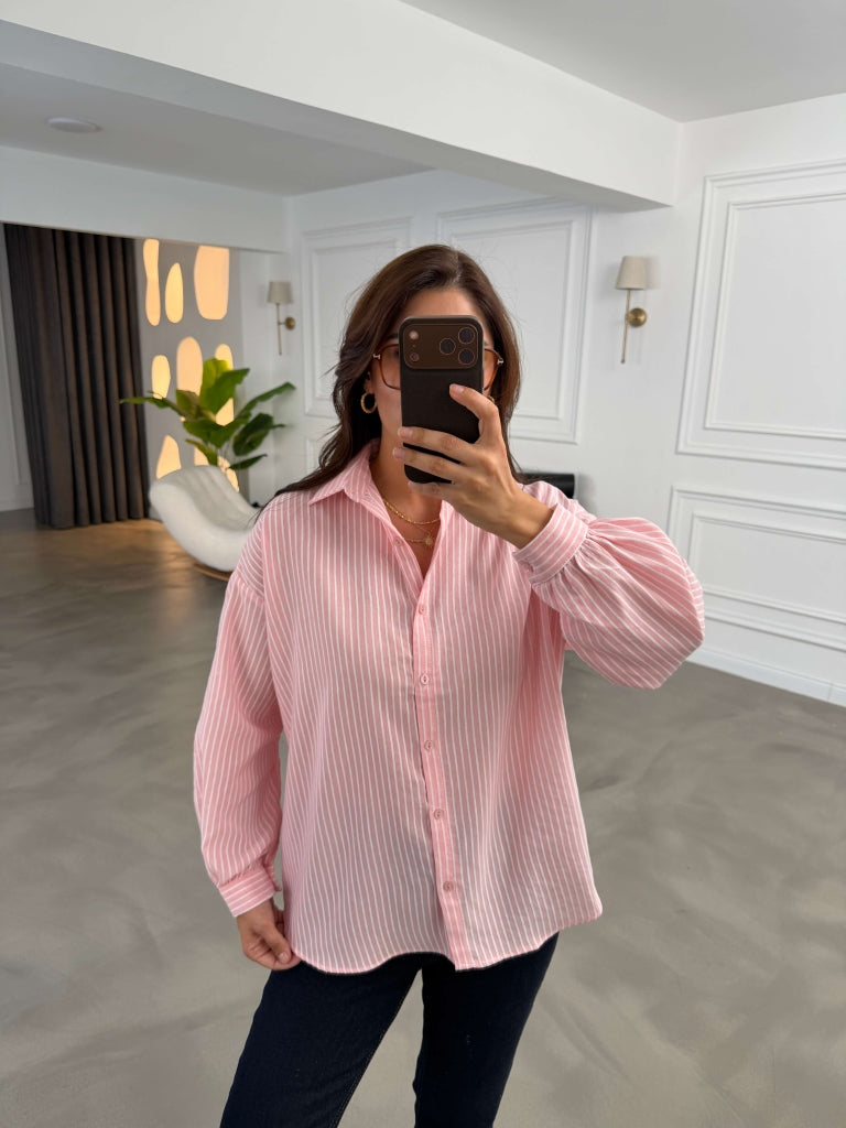 Pembe Çizgili Oversize Gömlek 2021-Pembe