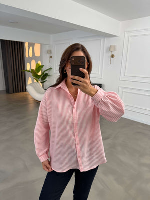 Pembe Çizgili Oversize Gömlek 2021-Pembe