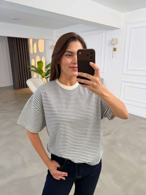 Ekru Lacivert Çizgili Orj Marka Oversize Tshirt 6274-Ekru Lacivert