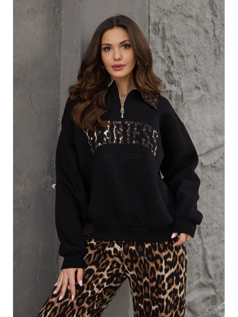 Siyah Leopar Nakışlı Polo Yaka Sweat