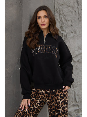 Siyah Leopar Nakışlı Polo Yaka Sweat