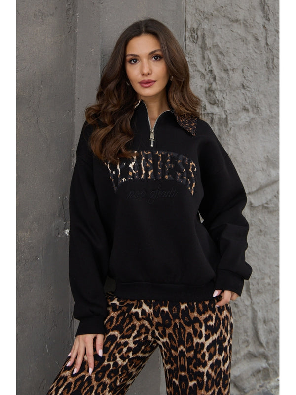 Siyah Leopar Nakışlı Polo Yaka Sweat