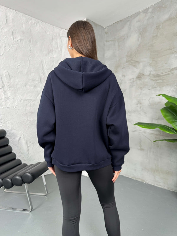 Lacivert Ön Fermuarlı Kapüşonlu Sweatshirt