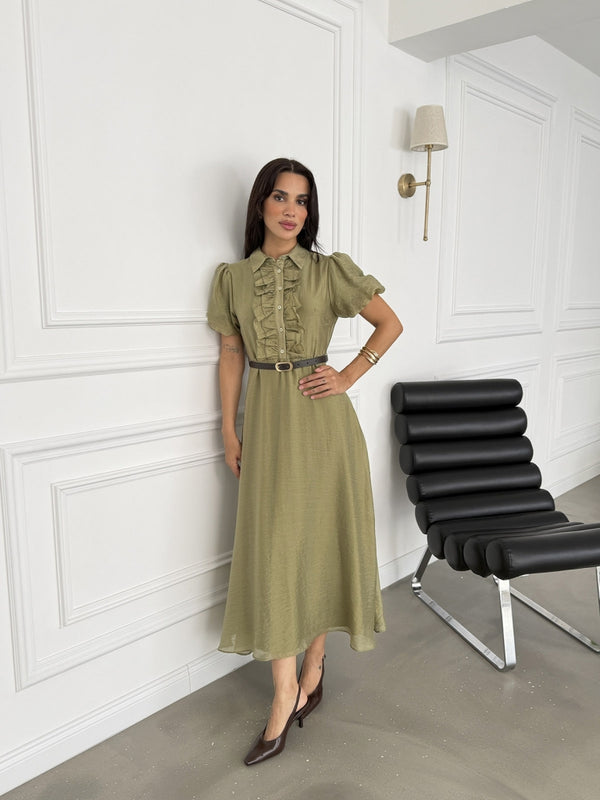 Haki Fırfır Detaylı Kemerli Tencel Elbise 3091-Haki