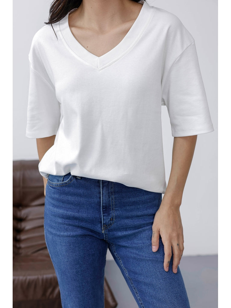 Ekru Orj Marka V Yaka Tshirt 6598-Ekru