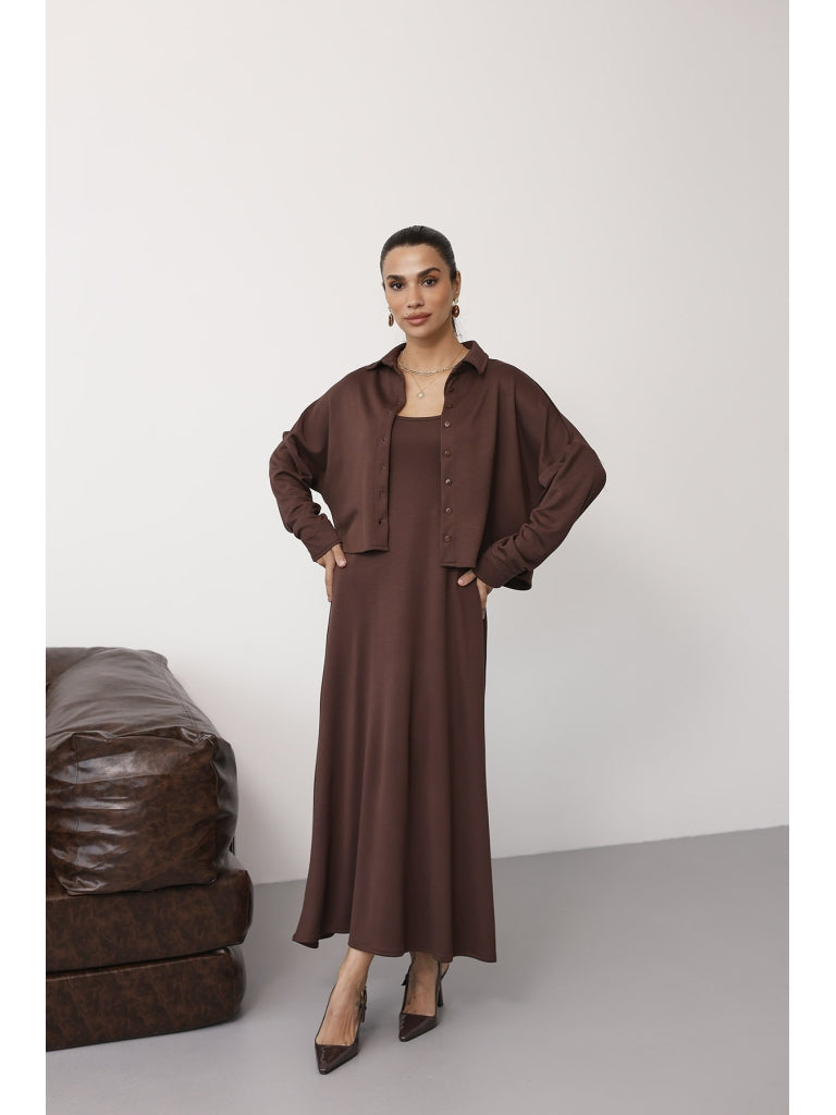Kahverengi Gömlek Elbise Modal Takım 4103-Kahverengi