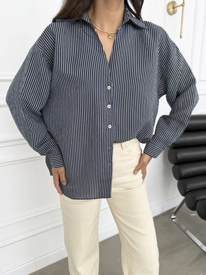 Lacivert Çizgili V Yaka Gömlek 4906-Lacivert