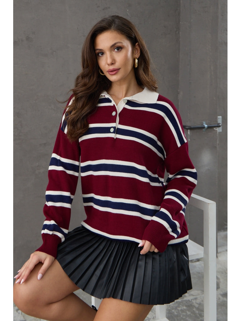 Bordo Polo Yaka Çizgili Kazak