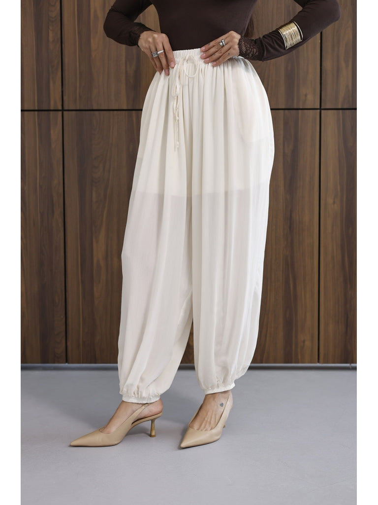 Ekru Paçası Lastikli Şalvar Pantolon 51316-Ekru