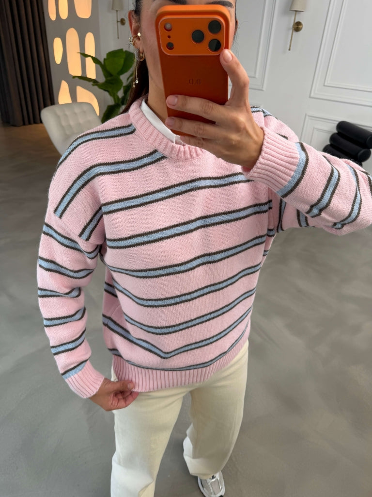 Pembe Üç Çizgili Oversize Kazak 2754-Pembe