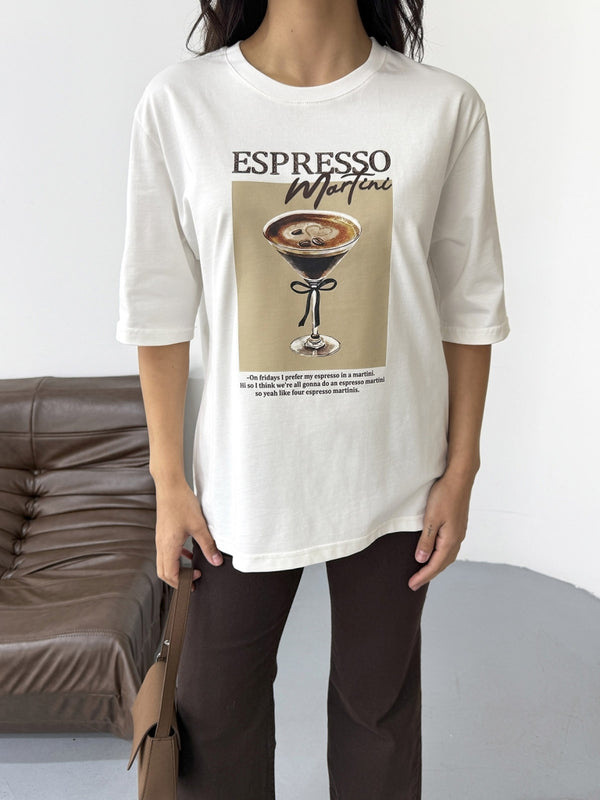 Ekru Espresso Baskılı Tshirt 0492-Espresso