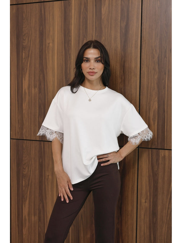 Beyaz Sırtı Dantelli Tshirt 1073-Beyaz