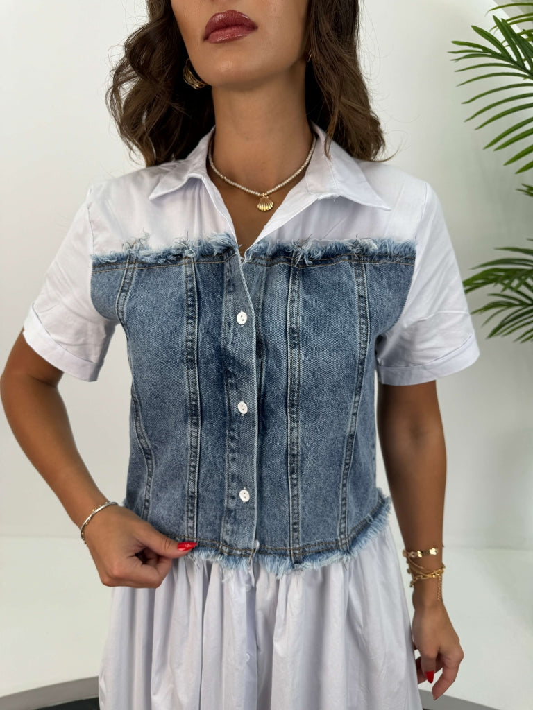 Beyaz Jean Korse Detaylı Gömlek Elbise 2623-BEYAZ