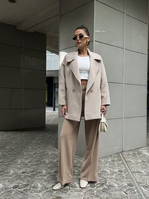 Camel Balık Sırtı Oversize Astarlı Kısa Kaban
