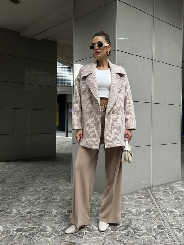 Camel Balık Sırtı Oversize Astarlı Kısa Kaban